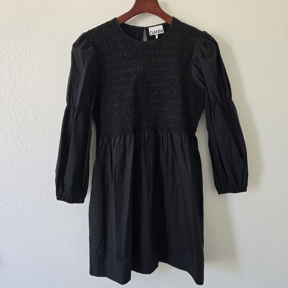 GANNI Women's Cotton Poplin Mini Smock Dress in Black size 38 or 6 - Picture 3 of 16